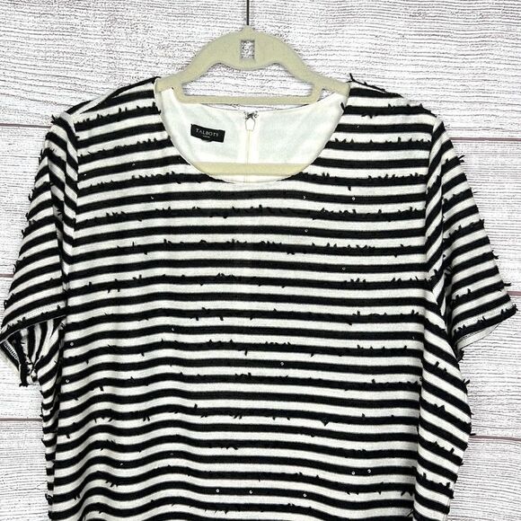 Talbots Woman Striped Sequin Top Short Sleeves Black - Ivory 2X - Picture 1 of 11